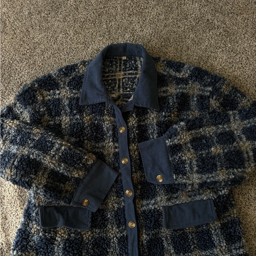 Plaid Teddy Button Down Oversized Shacket - Blue … - image 7
